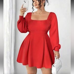 Red Square-Neck Fit & Flare Dress